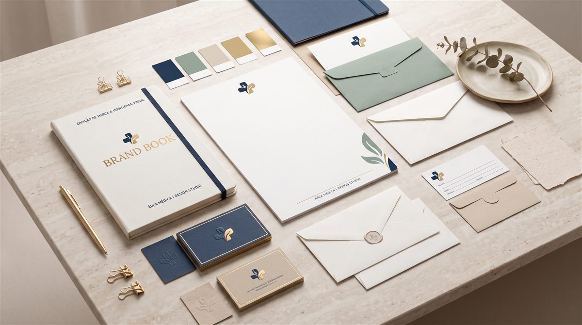 Serviço de Branding de Marca: brand book, cartões e papelaria com a identidade visual de uma clínica