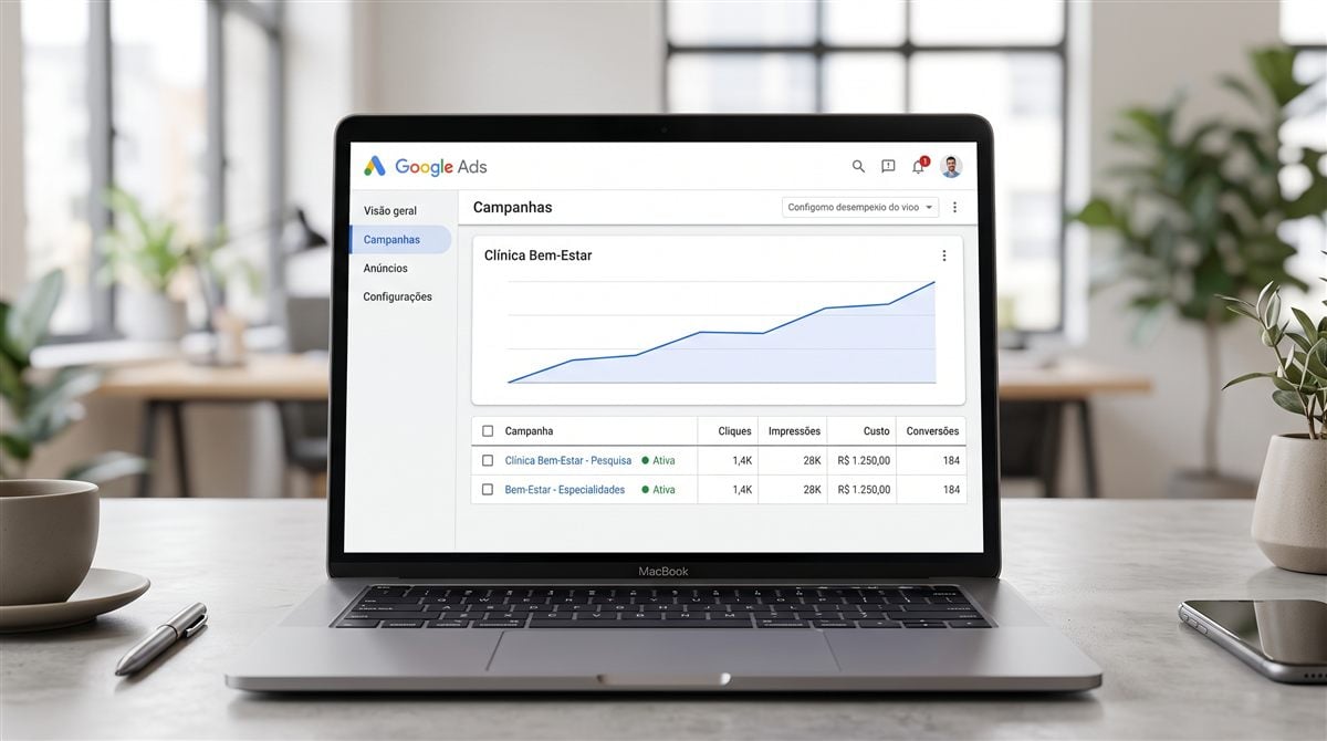 Serviço de Google Ads: painel de campanhas de uma clínica no Google Ads